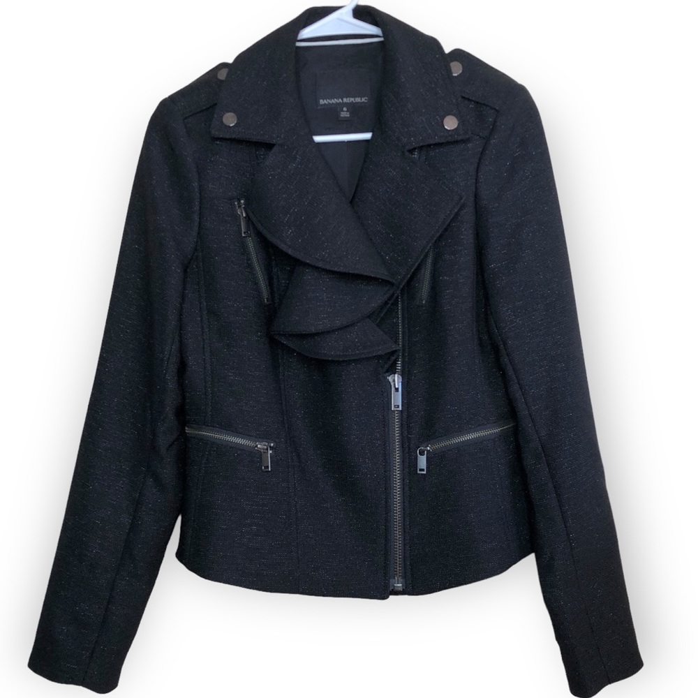Banana Republic Dressy Ruffle Front Black Sparkle Zippered Moto Jacket- 6